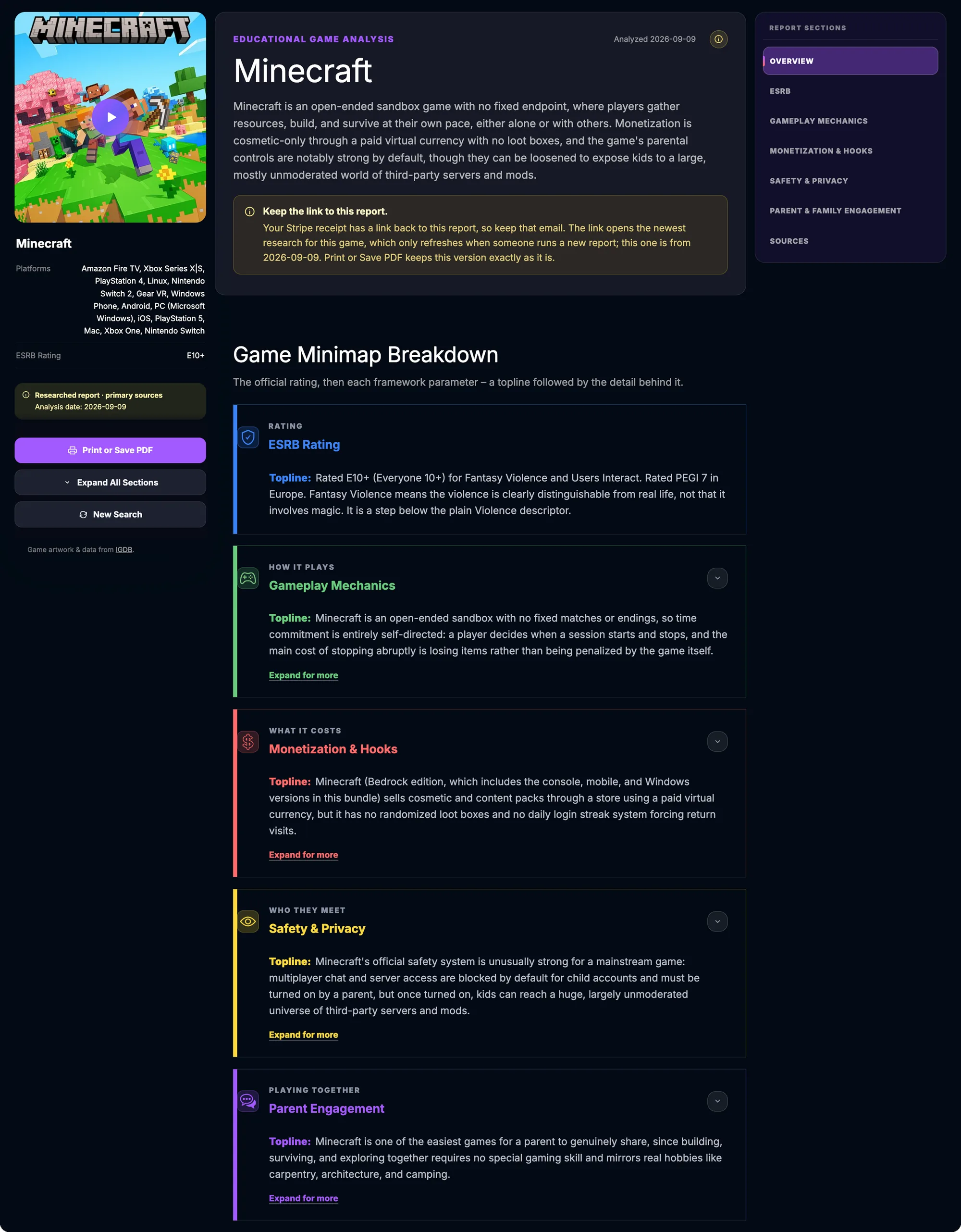 A Health-e-Habits report for Minecraft, showing the plain-language overview, a game details sidebar with platforms and the E10+ ESRB rating, the report sections navigation, the official rating block, and the four confirmed-findings categories – Gameplay Mechanics, Monetization & Hooks, Safety & Privacy, and Parent Engagement – each with a topline summary.